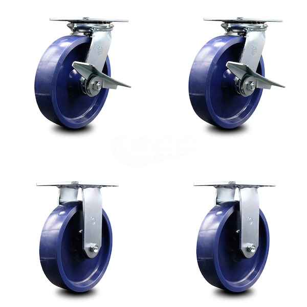 8 Inch Solid Poly Caster Set with Ball Bearing 2 Brakes and 2 Rigid SCC